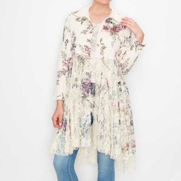 new ORIGAMI CARDIGAN SWEATER duster floral lace bohemian western vintage SM-3X - Picture 2 of 6